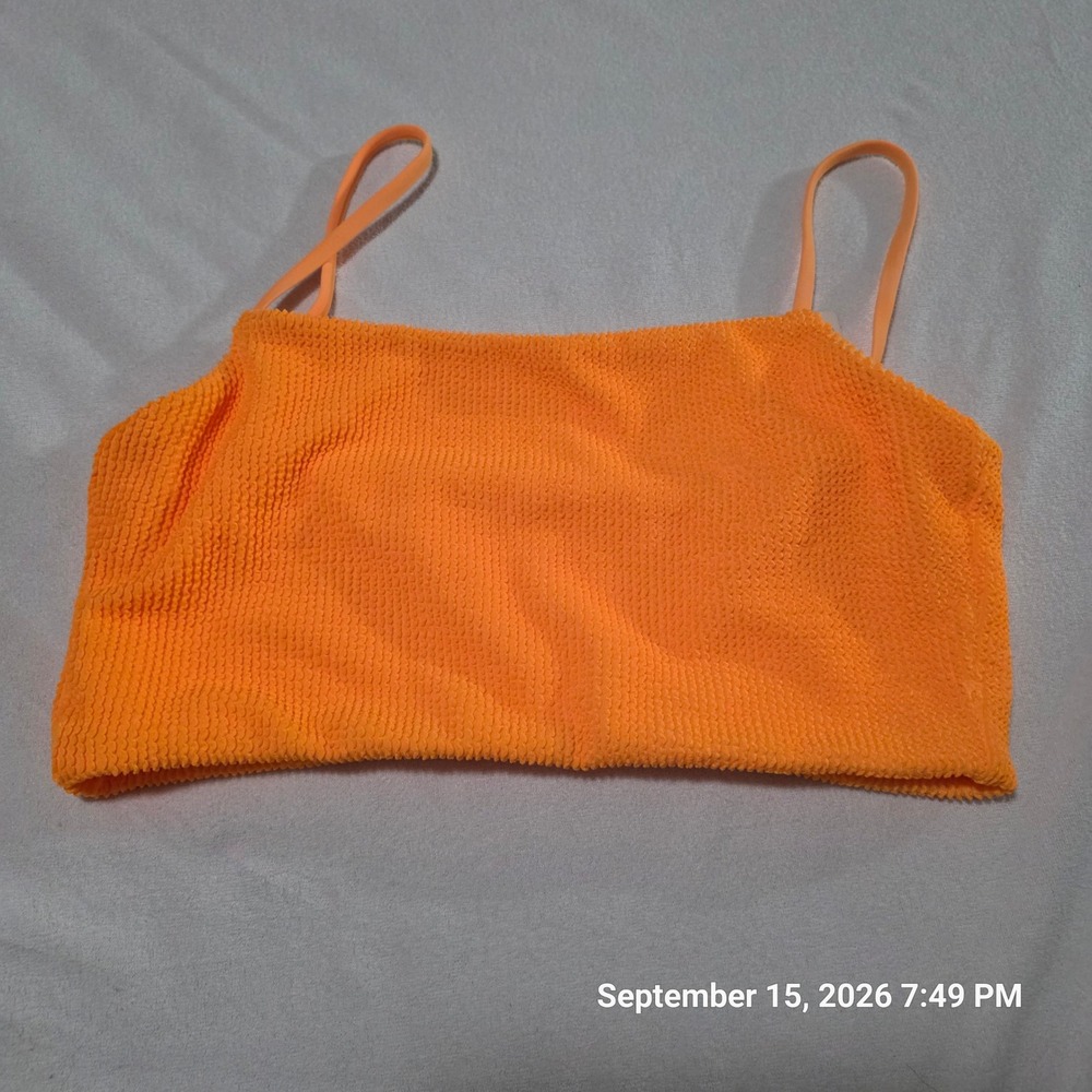 Cyn & Luca Womens Neon Orange Smocked Crinkle Bikini Top Square Neck Large NWT